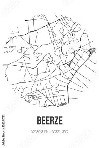 Abstract street map of Beerze located in Overijssel municipality of Ommen. City map with lines