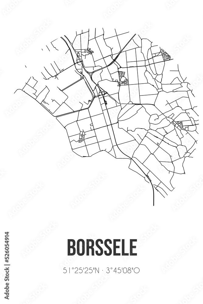 Abstract street map of Borssele located in Zeeland municipality of Borsele. City map with lines