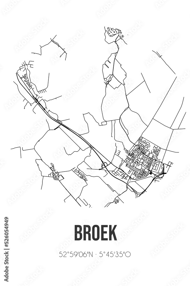 Abstract street map of Broek located in Fryslan municipality of De Fryske Marren. City map with lines
