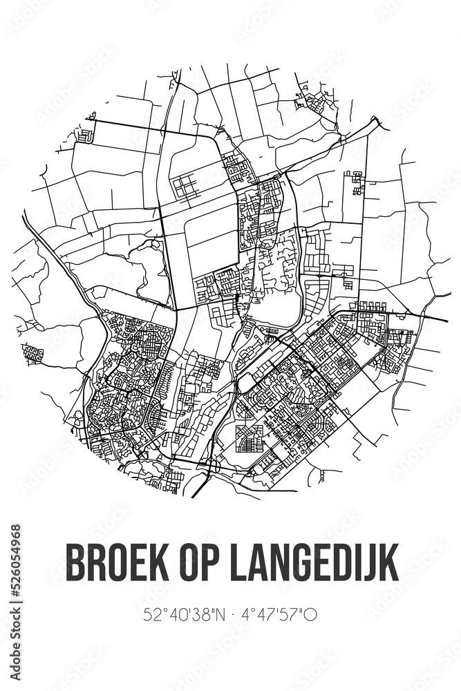 Abstract street map of Broek op Langedijk located in Noord-Holland municipality of Langedijk. City map with lines