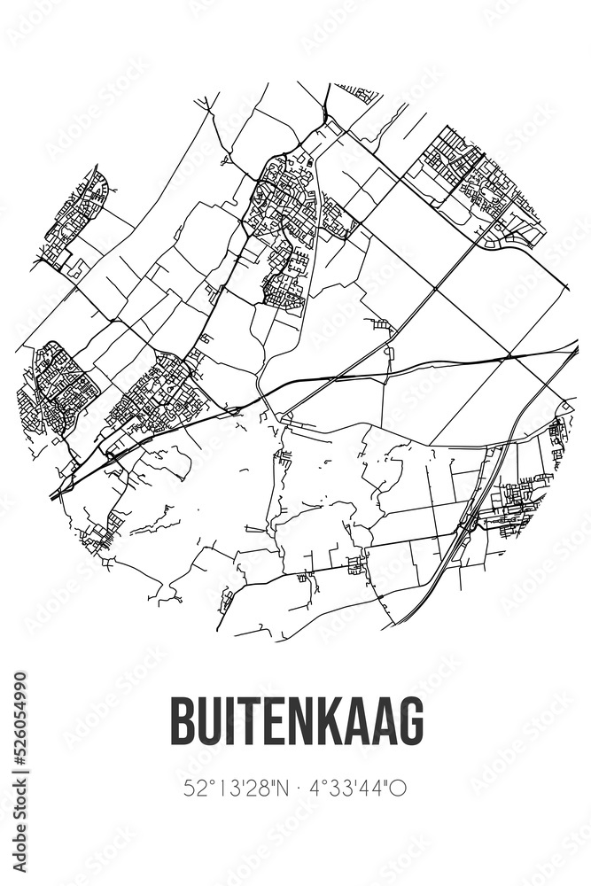 Abstract street map of Buitenkaag located in Noord-Holland municipality of Haarlemmermeer. City map with lines