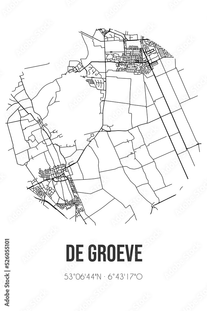 Abstract street map of De Groeve located in Drenthe municipality of Tynaarlo. City map with lines