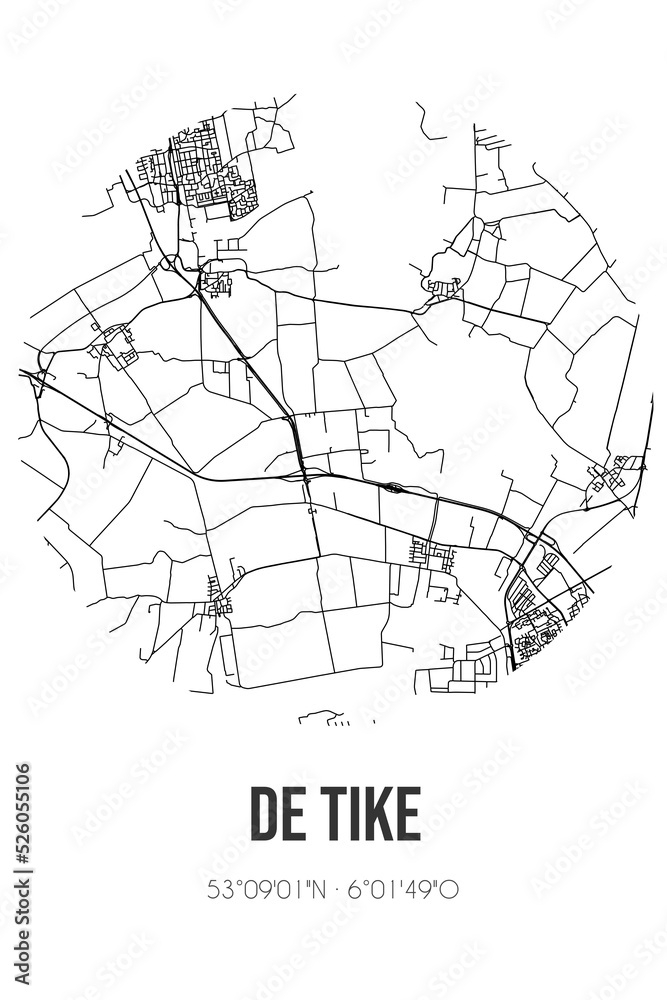 Abstract street map of De Tike located in Fryslan municipality of Smallingerland. City map with lines