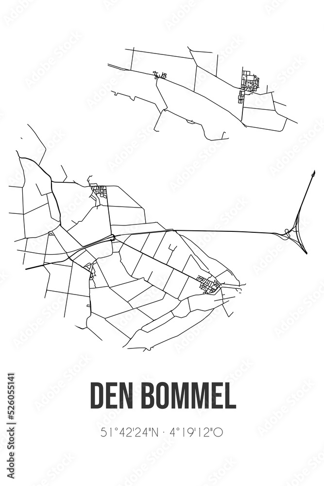 Abstract street map of Den Bommel located in Zuid-Holland municipality of Goeree-Overflakkee. City map with lines