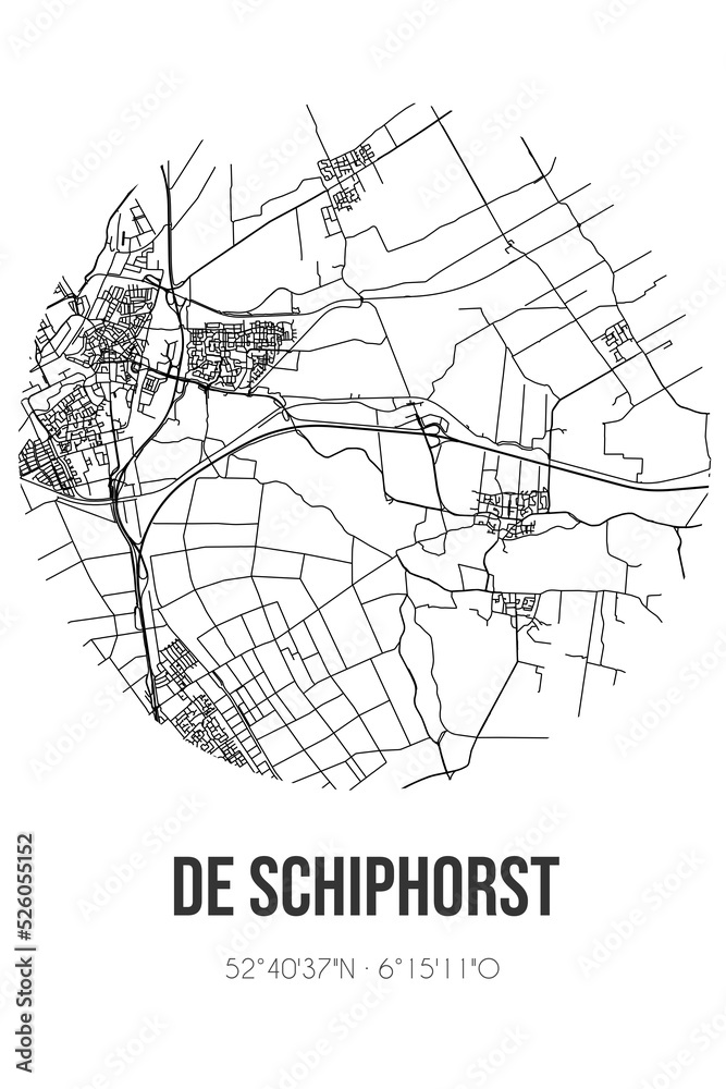 Abstract street map of De Schiphorst located in Drenthe municipality of Meppel. City map with lines