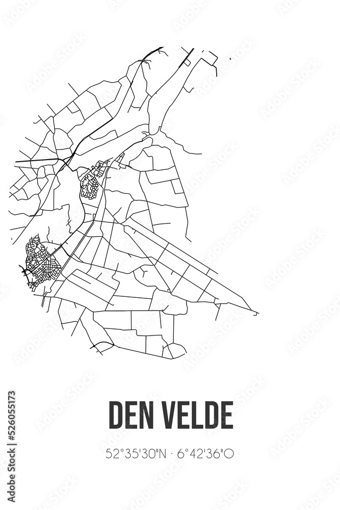 Abstract street map of Den Velde located in Overijssel municipality of Hardenberg. City map with lines