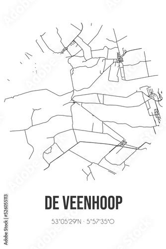 Abstract street map of De Veenhoop located in Fryslan municipality of Smallingerland. City map with lines