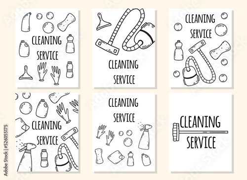 Cleaning service flyer set.cleaning services. House cleaning. vector illustration. Doodle style. cleaning service flyer. Vacuum cleaner, spray and bubbles.