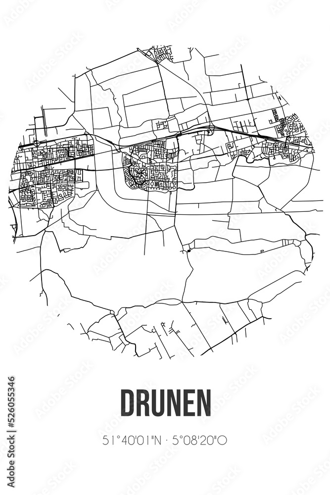 Abstract street map of Drunen located in Noord-Brabant municipality of Heusden. City map with lines