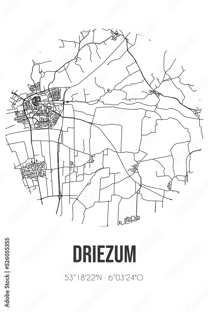 Abstract street map of Driezum located in Fryslan municipality of Dantumadiel. City map with lines