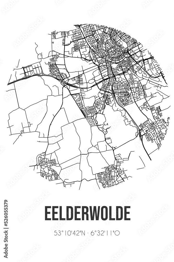 Abstract street map of Eelderwolde located in Drenthe municipality of Tynaarlo. City map with lines