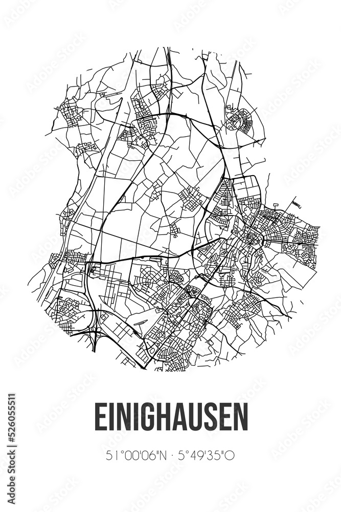 Abstract street map of Einighausen located in Limburg municipality of Sittard-Geleen. City map with lines