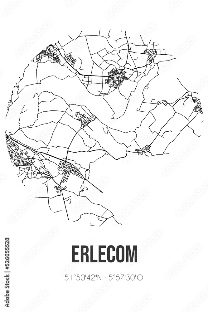 Obraz premium Abstract street map of Erlecom located in Gelderland municipality of Berg en Dal. City map with lines