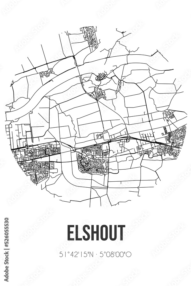 Abstract street map of Elshout located in Noord-Brabant municipality of Heusden. City map with lines