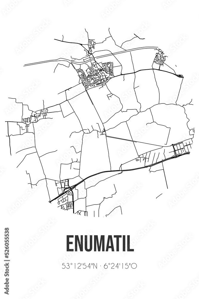 Abstract street map of Enumatil located in Groningen municipality of Westerkwartier. City map with lines