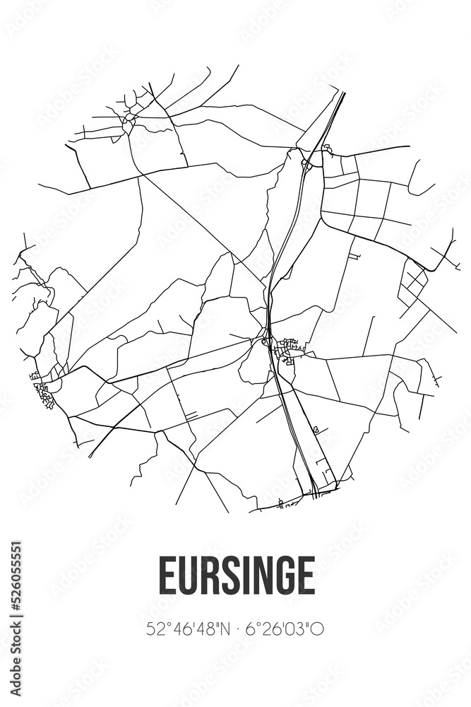 Abstract street map of Eursinge located in Drenthe municipality of De Wolden. City map with lines Abstract street map of Eursinge located in Drenthe municipality of De Wolden. City map with lines