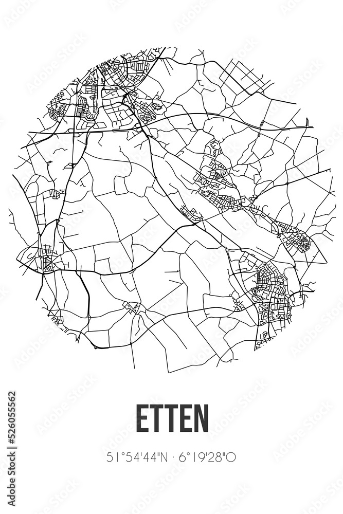 Abstract street map of Etten located in Gelderland municipality of Oude IJsselstreek. City map with lines
