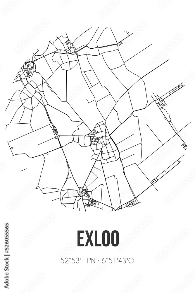 Abstract street map of Exloo located in Drenthe municipality of Borger-Odoorn. City map with lines