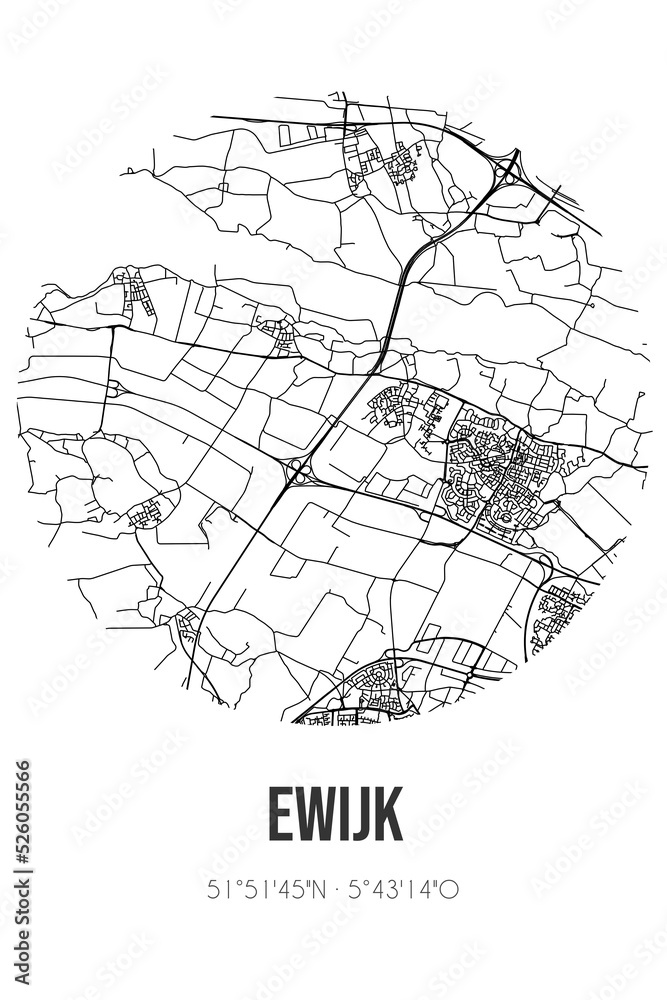 Abstract street map of Ewijk located in Gelderland municipality of Beuningen. City map with lines