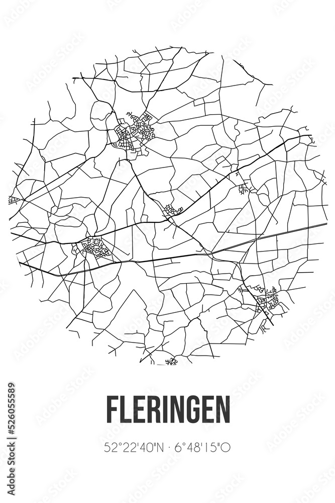 Abstract street map of Fleringen located in Overijssel municipality of Tubbergen. City map with lines
