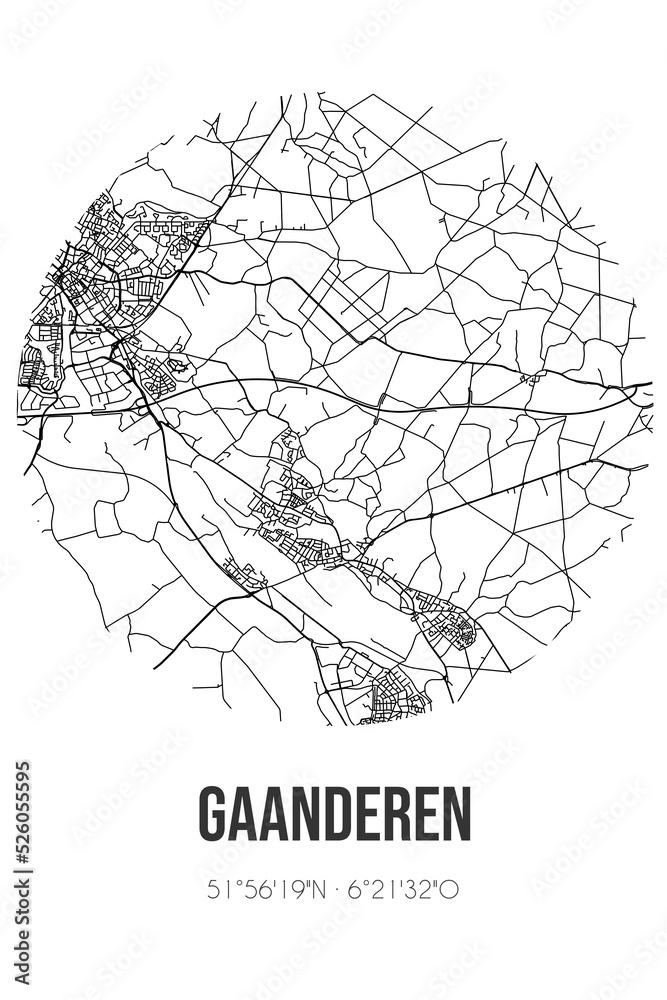 Abstract street map of Gaanderen located in Gelderland municipality of Doetinchem. City map with lines