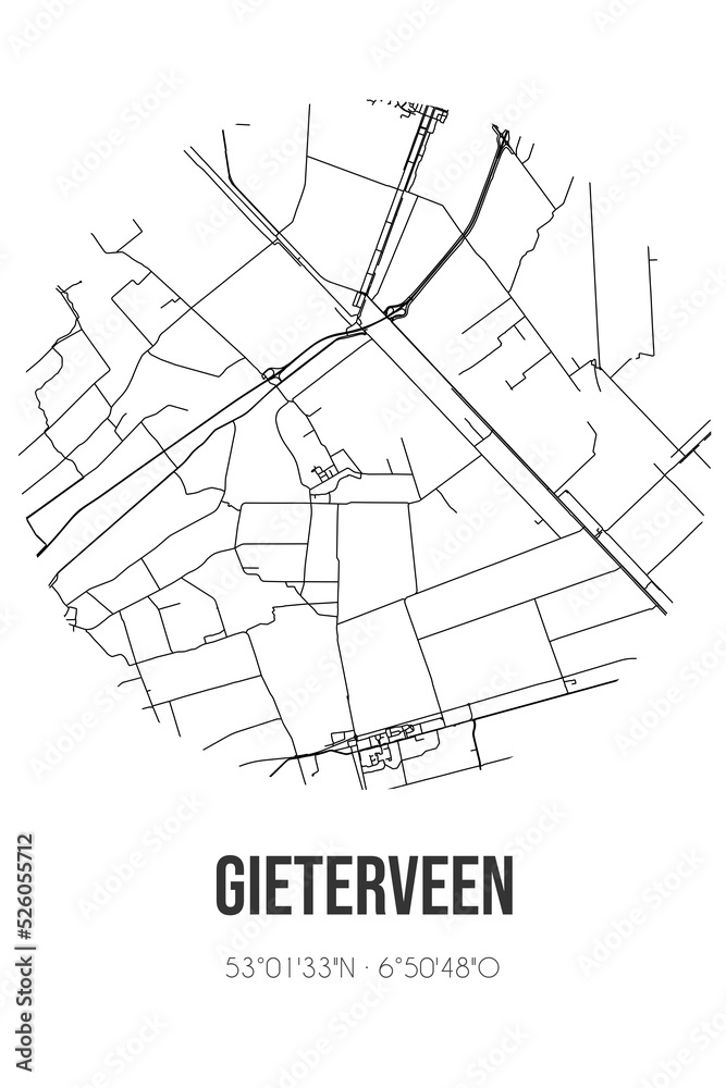 Abstract street map of Gieterveen located in Drenthe municipality of Aa en Hunze. City map with lines