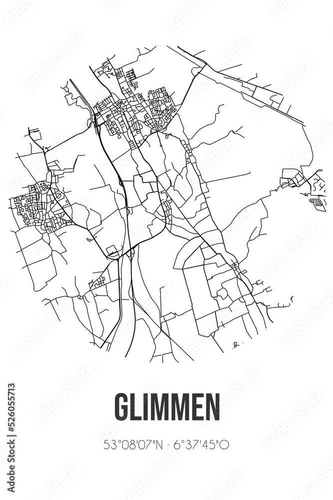 Abstract street map of Glimmen located in Groningen municipality of Groningen. City map with lines