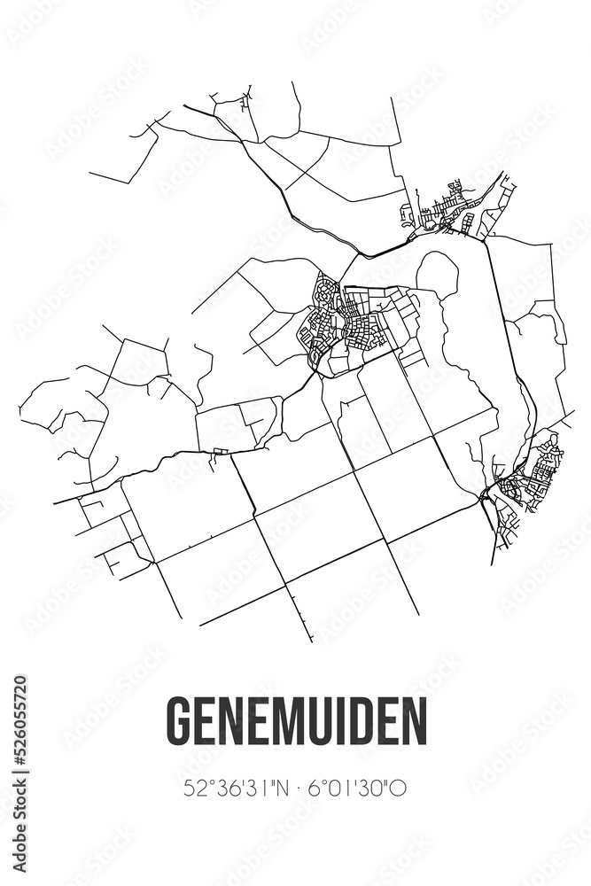 Abstract street map of Genemuiden located in Overijssel municipality of Zwartewaterland. City map with lines