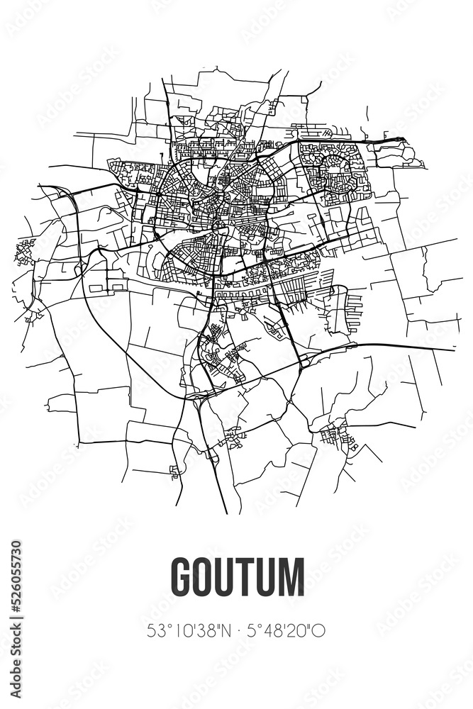 Abstract street map of Goutum located in Fryslan municipality of Leeuwarden. City map with lines
