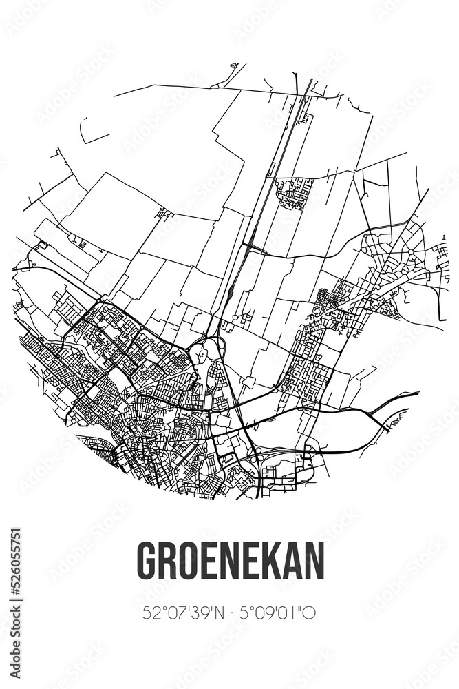 Abstract street map of Groenekan located in Utrecht municipality of De Bilt. City map with lines