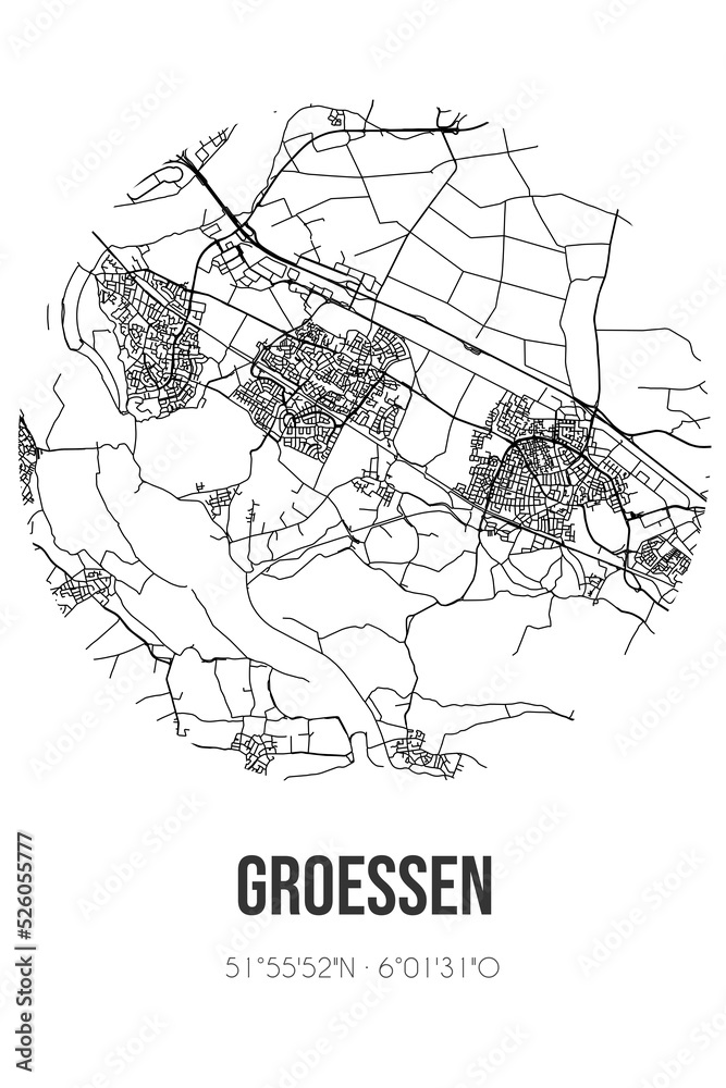 Abstract street map of Groessen located in Gelderland municipality of Duiven. City map with lines