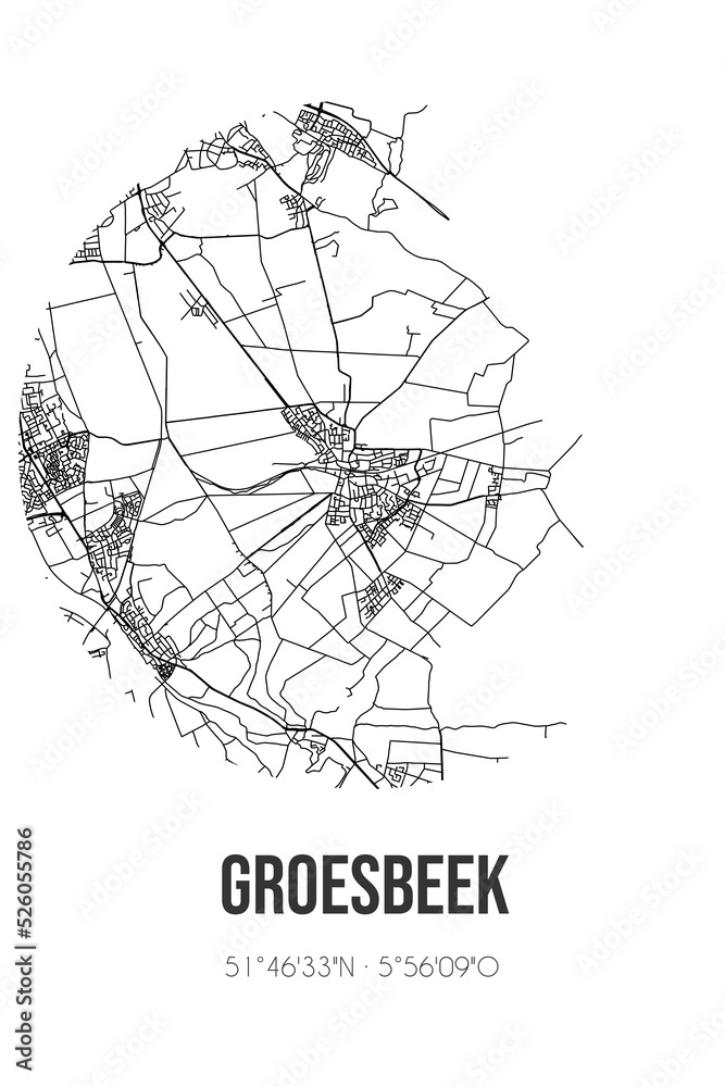 Abstract street map of Groesbeek located in Gelderland municipality of
