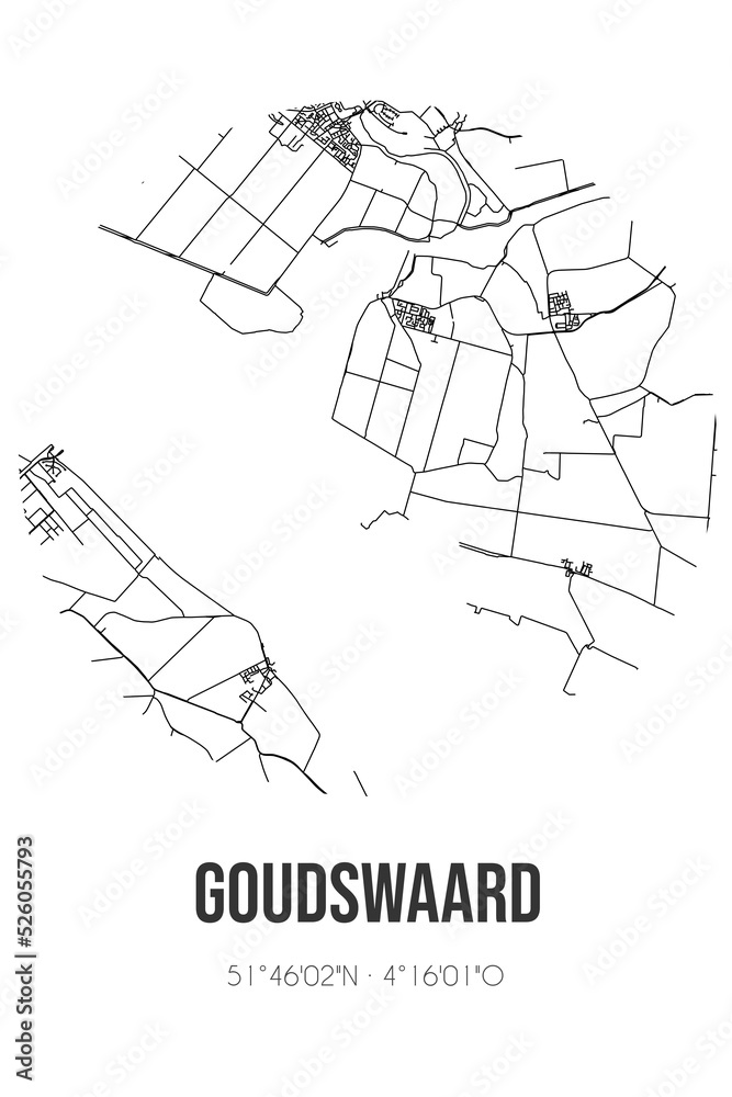 Abstract street map of Goudswaard located in Zuid-Holland municipality of Hoeksche Waard. City map with lines