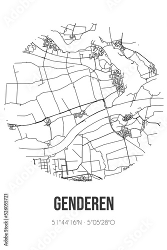 Abstract street map of Genderen located in Noord-Brabant municipality of Altena. City map with lines