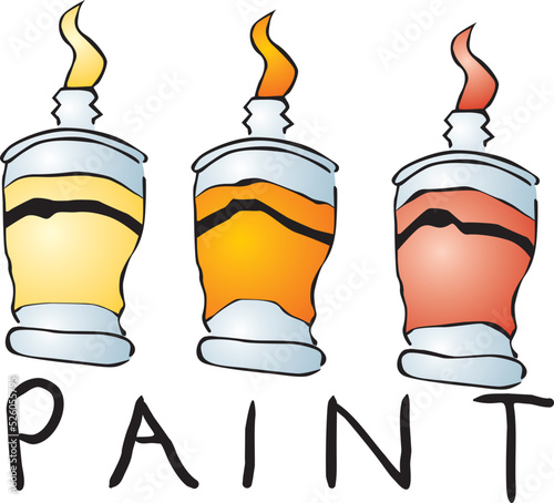 A set of three tubes with paints partially squeezed out after painting a picture with the words paint
