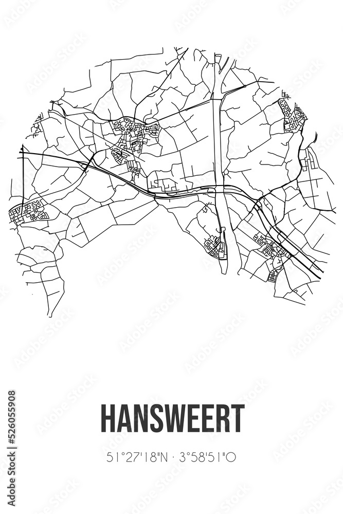 Abstract street map of Hansweert located in Zeeland municipality of Reimerswaal. City map with lines