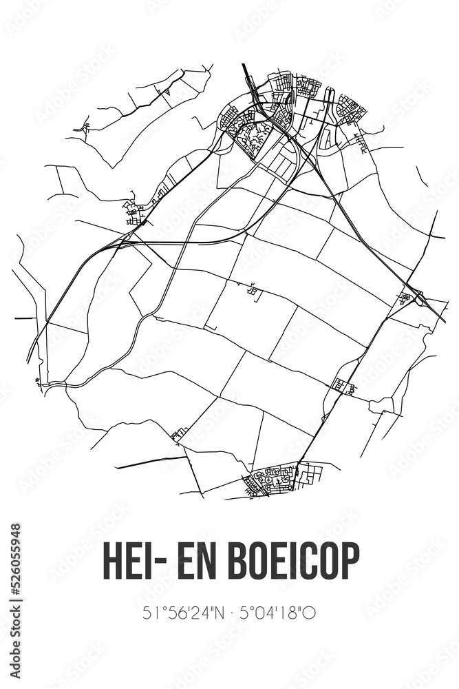 Abstract street map of Hei- en Boeicop located in Utrecht municipality of Vijfheerenlanden. City map with lines