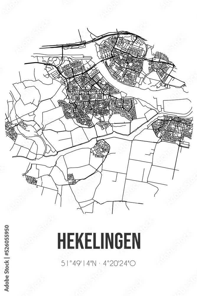 Abstract street map of Hekelingen located in Zuid-Holland municipality of Nissewaard. City map with lines