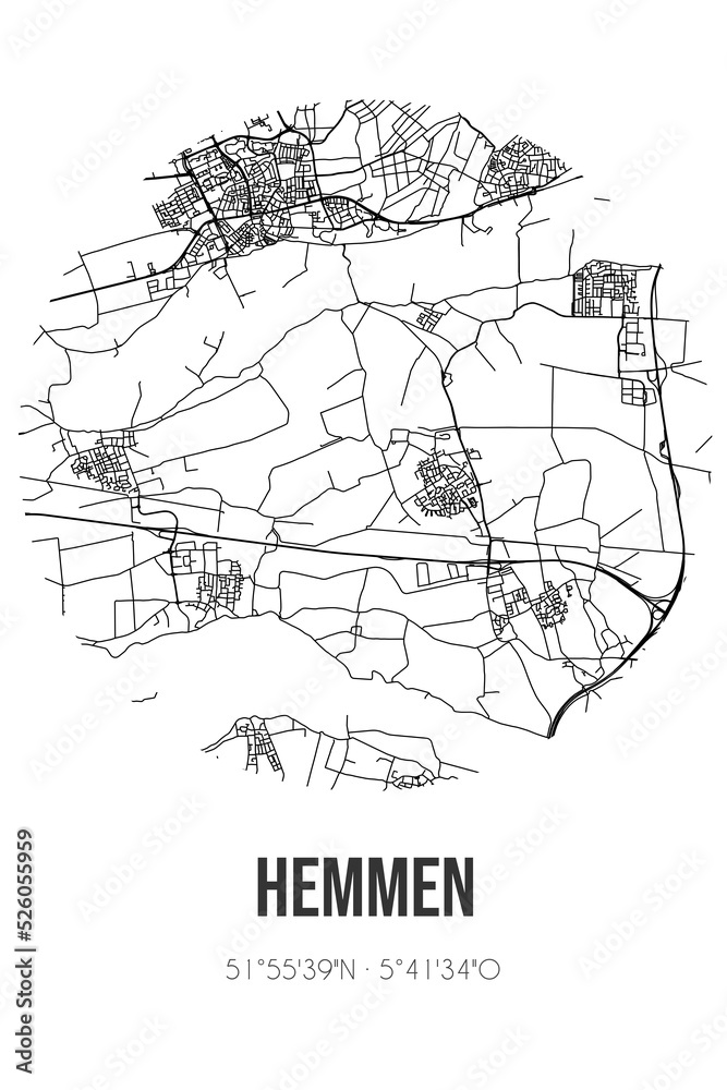 Abstract street map of Hemmen located in Gelderland municipality of Overbetuwe. City map with lines