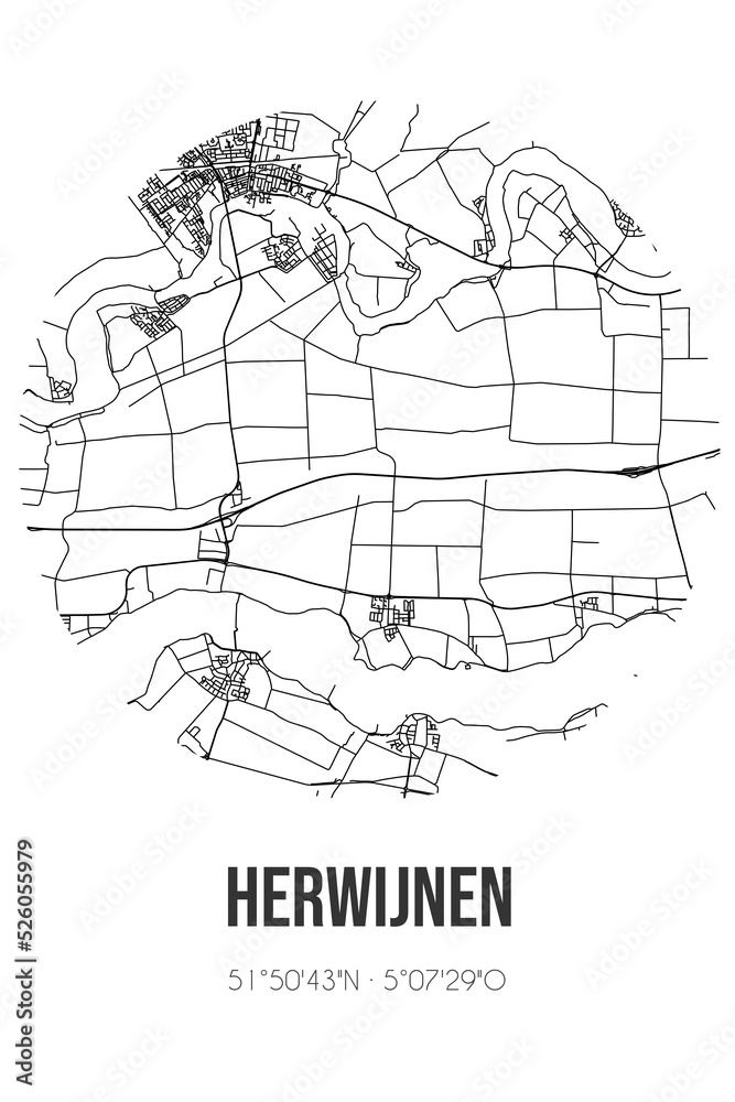 Abstract street map of Herwijnen located in Gelderland municipality of West Betuwe. City map with lines