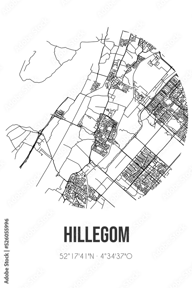 Abstract street map of Hillegom located in Zuid-Holland municipality of Hillegom. City map with lines