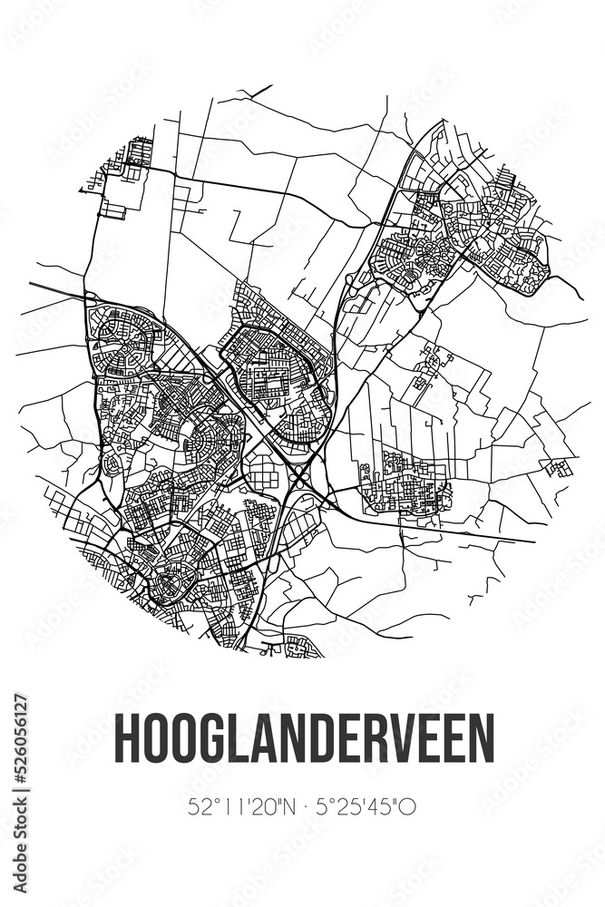 Abstract street map of Hooglanderveen located in Utrecht municipality of Amersfoort. City map with lines