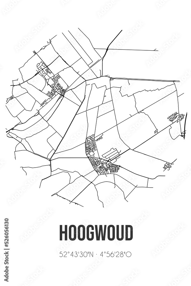 Abstract street map of Hoogwoud located in Noord-Holland municipality of Opmeer. City map with lines Abstract street map of Hoogwoud located in Noord-Holland municipality of Opmeer. City map with lines