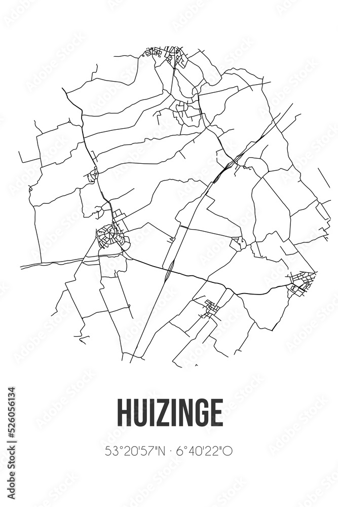 Abstract street map of Huizinge located in Groningen municipality of Loppersum. City map with lines