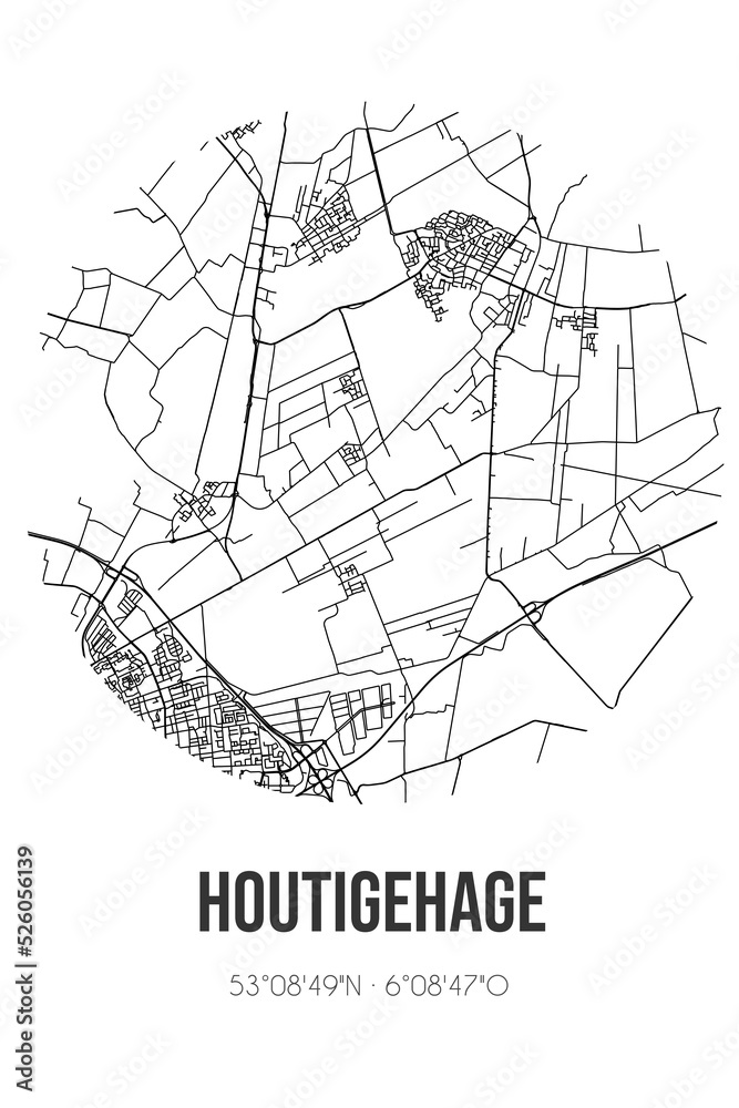 Abstract street map of Houtigehage located in Fryslan municipality of Smallingerland. City map with lines