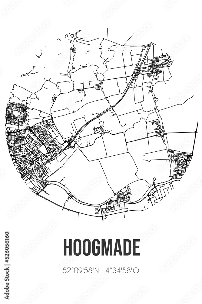 Abstract street map of Hoogmade located in Zuid-Holland municipality of Kaag en Braassem. City map with lines