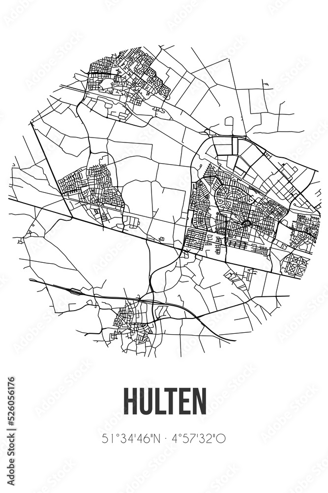 Abstract street map of Hulten located in Noord-Brabant municipality of Gilze en Rijen. City map with lines