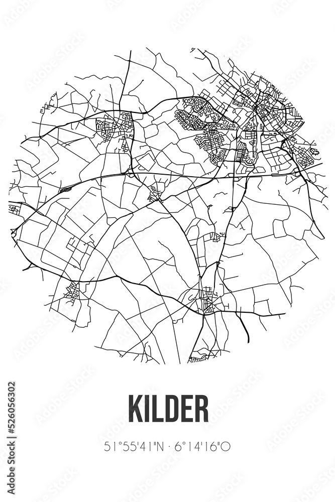 Abstract street map of Kilder located in Gelderland municipality of Montferland. City map with lines