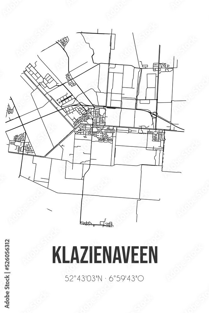 Abstract street map of Klazienaveen located in Drenthe municipality of Emmen. City map with lines