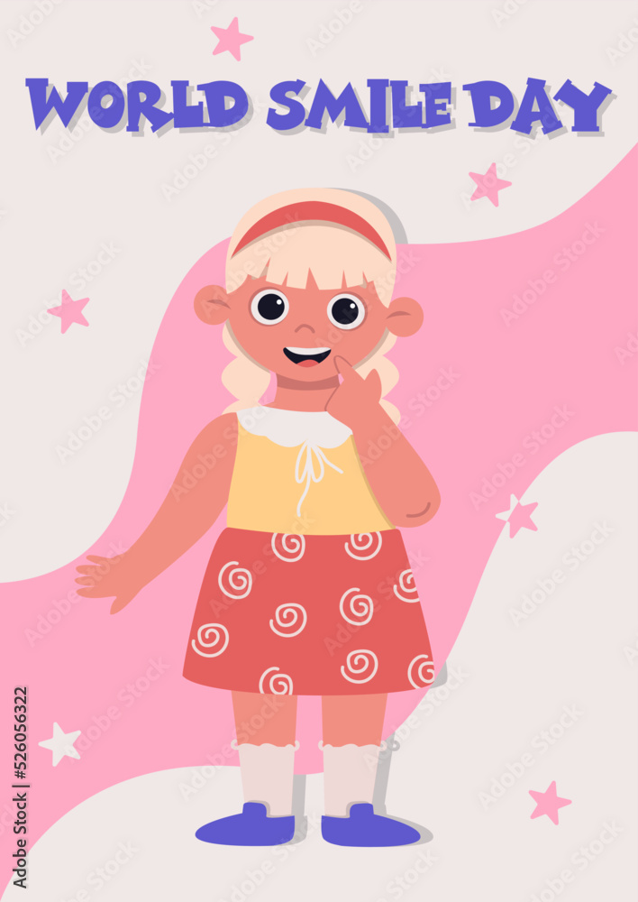 World smile day card with little smiling girl. Vector graphic.